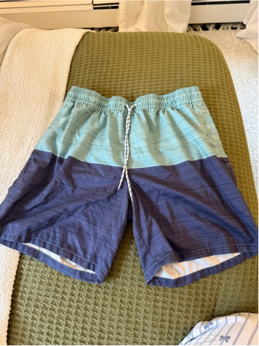 Men's Goodfellow & Co L Colorblock Swim Trunks Blue Teal